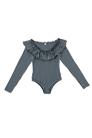 Blue Striped Tencel/Wool Ruffle Leotard