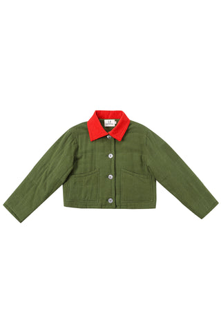 Cord Collar Moss Linen Quilted Barn Jacket