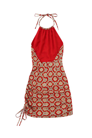 Fancy Red Couch Cinch Tie Halter Dress