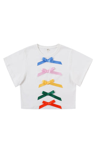 Satin 5 Bow Crop Tommy Tee White