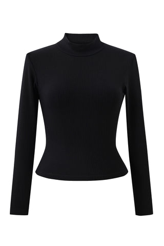 Black Mock Neck Tencel Rib Long Sleeve Top