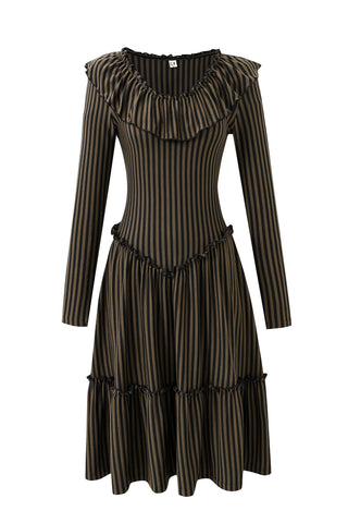 Brown Striped Tencel/Wool Long Sleeve Ruffle Dress