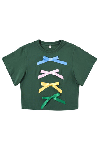 Satin Bow Crop Tommy Tee Green
