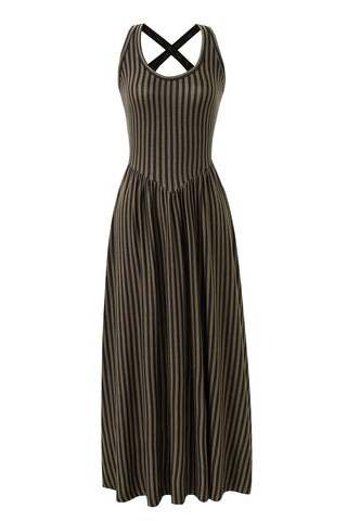 Brown Striped Tencel/Wool Crossback Maxi Travel Dress