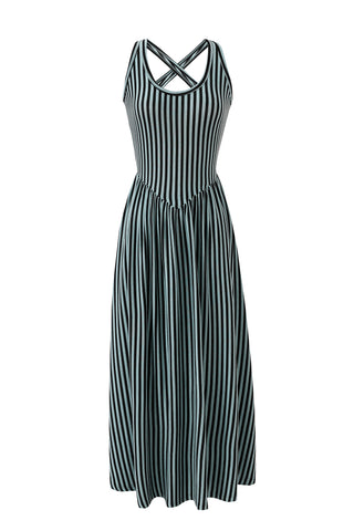 Blue Striped Tencel/Wool Crossback Maxi Travel Dress