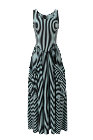 Blue Striped Tencel/Wool Giant Pockets Maxi Dress