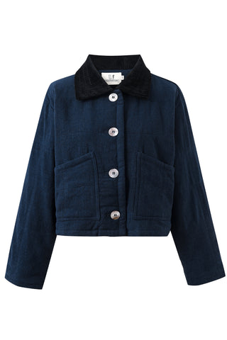 Cord Collar Navy Linen Quilted Barn Jacket