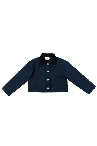 Cord Collar Navy Linen Quilted Barn Jacket