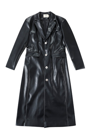 Unisex Black Faux Plant Leather Long Coat