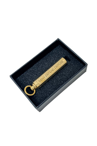 DENY DEFEND DEPOSE Brass Pill Holder Keychain